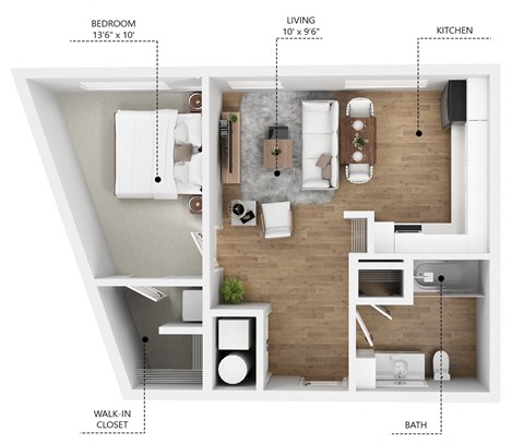 Floor plan for 1 bed, 1 bath, 580 sqft
